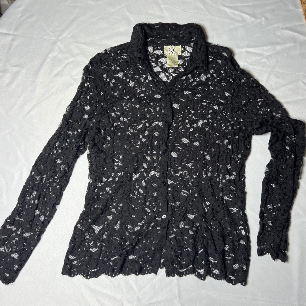 VTG ICE Womens Black Floral Lace Button Down Long Sleeve Blouse Top Size Large